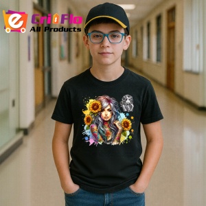 Tricou Girl colorful ink sunflower mix, fata cu tatuaje colorate si floarea soarelui, Copii | Dama | Barbat , tricou negru - Img 5