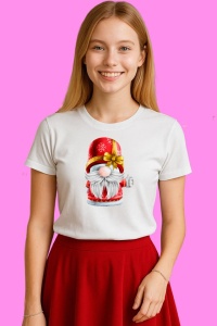Tricou Gnome Cu Palarie Sclipici Rosie, din bumbac 100%, tricou alb, Copii | Dama | Barbat