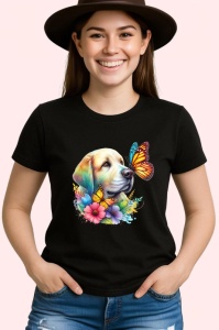 Tricou Golden Labrador cu fluturi portocalii si flori colorate ilustratie vesela Copii | Dama | Barbat Barbat - Img 6