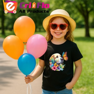 Tricou Golden Labrador cu fluturi portocalii si flori colorate ilustratie vesela Copii | Dama | Barbat Barbat - Img 19