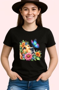Tricou Golden Retriever printre flori si fluture violet atmosfera de vara Copii | Dama | Barbat Barbat - Img 6