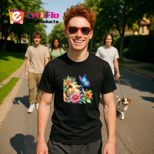 Tricou Golden Retriever printre flori si fluture violet atmosfera de vara Copii | Dama | Barbat Barbat - Img 16