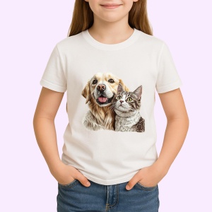 Tricou Golden Retriever si pisica gri tabby fericire in doi Copii | Dama | Barbat Barbat - Img 4