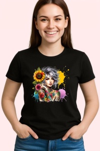Tricou Grey bun girl shoulder flower tattoo, fata coc gri cu tatuaj umar floral, Copii | Dama | Barbat , tricou negru