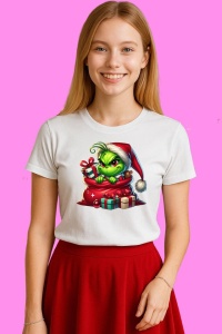 Tricou Grinch Ascuns In Sac Plin Cu Cadouri, din bumbac 100%, tricou alb, Copii | Dama | Barbat