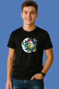 Tricou Grinch Cu Fundal Albastru Si Braduti Craciun, din bumbac 100% Copii | Dama | Barbat - Img 2