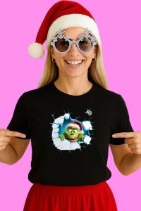 Tricou Grinch Cu Fundal Albastru Si Zambet Mare Craciun, din bumbac 100% Copii | Dama | Barbat