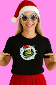 Tricou Grinch Cu Fundal Deschis Si Privire Zambitoare Craciun, din bumbac 100% Copii | Dama | Barbat - Img 3