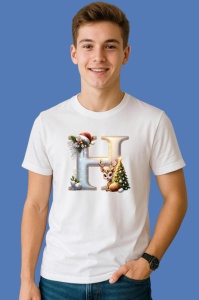 Tricou H Litere Craciun Cu Ren, Brad, Luminite Si Cadouri, din bumbac 100% Copii | Dama | Barbat