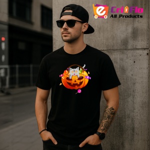 Tricou Halloween Pumpkin Cat, din bumbac 100%, tricou negru, Dama | Barbat - Img 4