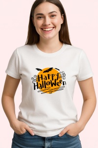 Tricou Happy Halloween Text Portocaliu, din bumbac 100%, tricou alb, Dama | Barbat - Img 3