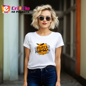 Tricou Happy Halloween Text Portocaliu, din bumbac 100%, tricou alb, Dama | Barbat - Img 6