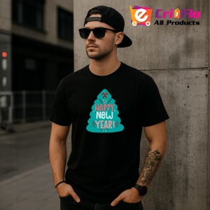 Tricou Happy New Year Brad Stilizat, din bumbac 100%, tricou negru, Dama | Barbat - Img 4
