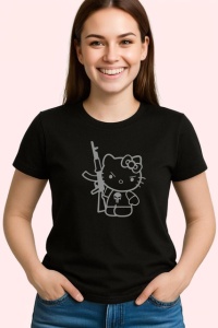 Tricou Hello Kitty Cu Arma Personaj Amuzant Negru, din bumbac 100%, tricou negru Copii | Dama | Barbat - Img 3