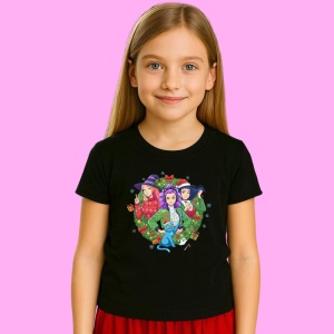 Tricou Huntrix K Pop Hunters Demon Cerc Floral Cu Fete Si Pisica, din bumbac 100%, tricou negru, Copii | Dama | Barbat - Img 2