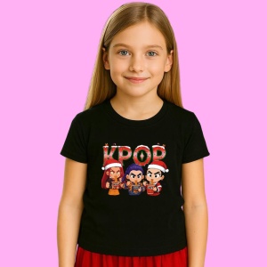 Tricou Huntrix K Pop Hunters Demon Copii Trei Caractere Kpop Craciun, din bumbac 100%, tricou negru, Copii | Dama | Barbat