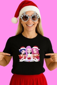 Tricou Huntrix K Pop Hunters Demon Design Craciun Pisica Si Trio, din bumbac 100%, tricou negru, Copii | Dama | Barbat - Img 3