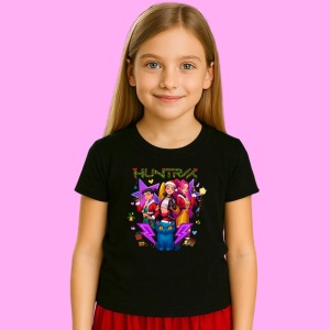 Tricou Huntrix K Pop Hunters Demon Grup Fete Cu Pisica Albastra, din bumbac 100%, tricou negru, Copii | Dama | Barbat