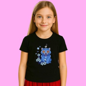 Tricou Huntrix K Pop Hunters Demon Pisica Albastra Ornament Floral, din bumbac 100%, tricou negru, Copii | Dama | Barbat - Img 2