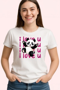 Tricou I Love U Panda Dragut Inimi Roz V1, din bumbac 100% , tricou alb pentru Copii | Dama | Barbat - Img 2