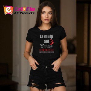 Tricou La Multi Ani Bunica Motive Traditionale Rosii, din bumbac 100%, tricou negru Dama - Img 2