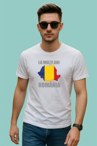 Tricou La Multi Ani Romania Harta Tricolor Steag, din bumbac 100% , tricou alb pentru Copii | Dama | Barbat
