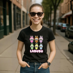 Tricou Labubu trio vertical, Unisex Dama si Barbat | Copii, Culoare Negru - Img 5