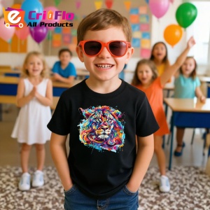 Tricou Leu artistic curcubeu cu coama flacara Copii | Dama | Barbat, culoare negru - Img 11