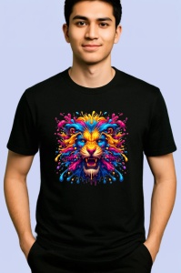 Tricou Leu auriu cu coama suflata de vant fundal alb Copii | Dama | Barbat, culoare negru - Img 2