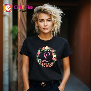 Tricou Litera L Colectia Flori Text Roz, din bumbac 100%, tricou negru, Dama | Barbat