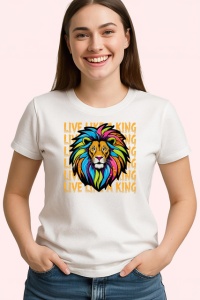 Tricou Live Like A King Leu Coama Curcubeu V2, din bumbac 100% , tricou alb pentru Copii | Dama | Barbat
