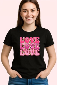 Tricou Love Love Love Text Roz Pattern Inimi V1, din bumbac 100%, tricou negru Copii | Dama | Barbat
