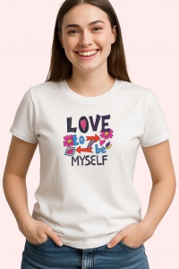Tricou Love To Be Myself Text Colorat Inimi V1, din bumbac 100% , tricou alb pentru Copii | Dama | Barbat - Img 3
