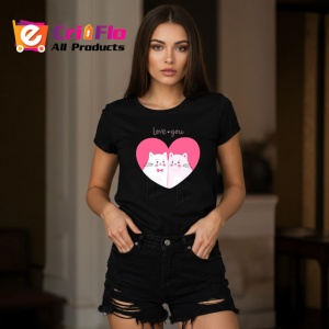 Tricou Love You Pisici Albe Inima Roz Fundal Alb, din bumbac 100%, tricou negru Copii | Dama | Barbat - Img 7