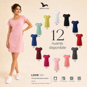 Tricou Lung Tip Rochie Damă Malfini Love 123, Roz, 95% Vâscoză, Croială Lejeră, Guler Tip Barcă, XS–2XL
