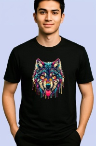 Tricou Lup realist cu efecte multicolore si limba scoasa Copii | Dama | Barbat, culoare negru - Img 2
