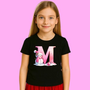 Tricou M Litera Craciun Roz Cu Om De Zapada Fulgi De Zapada, din bumbac 100% Copii | Dama | Barbat