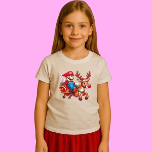 Tricou Mario Cu Sanie Si Om De Zapada, din bumbac 100%, tricou alb, Copii | Dama | Barbat - Img 2