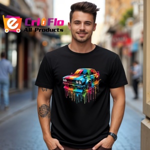 Tricou Masina sport retro cu vopsea picurata fundal alb Copii | Dama | Barbat, culoare negru - Img 6