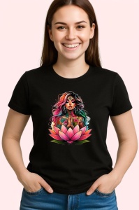 Tricou Meditating girl lotus flower colorful, fata meditand pe lotus colorat, Copii | Dama | Barbat , tricou negru - Img 3