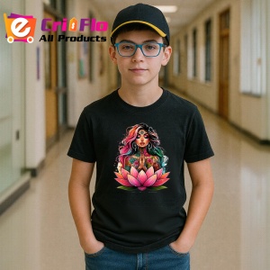 Tricou Meditating girl lotus flower colorful, fata meditand pe lotus colorat, Copii | Dama | Barbat , tricou negru - Img 6