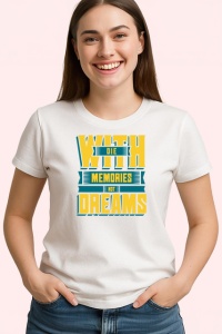 Tricou Memories Not Dreams Text Albastru Galben, din bumbac 100% , tricou alb pentru Copii | Dama | Barbat