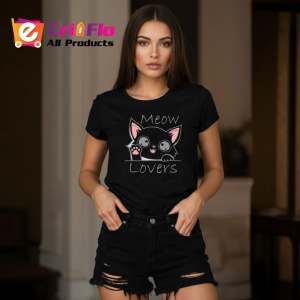 Tricou Meow Lovers Pisica Alba Draguta Ilustratie, din bumbac 100%, tricou negru Copii | Dama | Barbat - Img 7