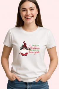Tricou Merry Christmas Happy New Year Gnom, din bumbac 100%, tricou alb, Dama | Barbat - Img 1