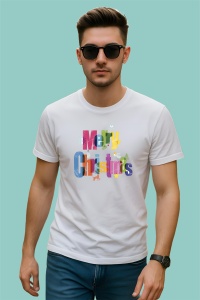 Tricou Merry Christmas Text Colorat, din bumbac 100%, tricou alb, Dama | Barbat - Img 2