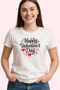 Tricou Mesaj Happy Valentines Day Inima Rosie V1, din bumbac 100% , tricou alb pentru Dama | Barbat