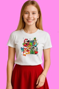 Tricou Mickey Minnie Christmas Sled Ride, din bumbac 100%, tricou alb, Copii | Dama | Barbat