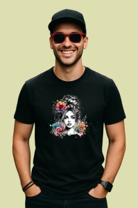 Tricou Monochrome bun girl tattooed flowers, fata coc alb negru cu flori tatuate, Copii | Dama | Barbat , tricou negru - Img 4