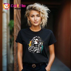 Tricou Monochrome floral tattoo portrait, portret tatuat alb negru cu flori, Copii | Dama | Barbat , tricou negru - Img 8