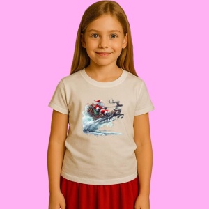 Tricou Mos Craciun Cu Sania Si Renul Sarind, din bumbac 100%, tricou alb, Copii | Dama | Barbat